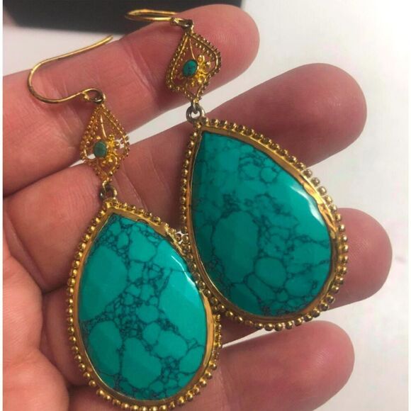 1697 Argento Vivo 925 18k plated Vermeil Dyed Howlite drop Earrings 14.4grams * - Picture 2 of 2